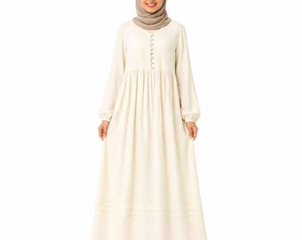 Abito abaya in cotone lucido – Abito lungo modesto, arricciatura in vita, bottoni fatti a mano, vestibilità ampia, abbigliamento islamico