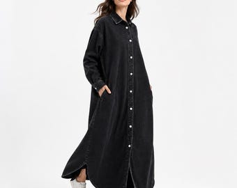 Unwashed Denim Maxi Abaya Dress | Modest Button-Down Shirt, Nursing, Maternity Friendly