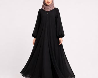 Elegante abaya in poly georgette nero – Abito lungo e fluente, abbigliamento islamico