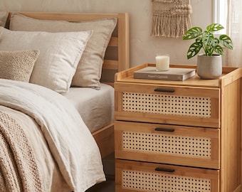 Mesa de cabeceira boho em bambu com gavetas em rattan – Mesa de cabeceira em madeira natural