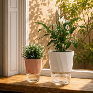 Peut inclure: Deux pots de plantes auto-arrosants sur un rebord de fenêtre en bois. L'un est rose clair avec une petite plante verte, l'autre blanc avec une plante plus grande et des fleurs blanches. Les deux ont une base transparente.