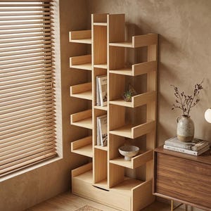 Modernes Baum-Bücherregal aus Holz, vertikale Aufbewahrungsmöglichkeit, Pflanzenständer für kleine Räume, Eckregal