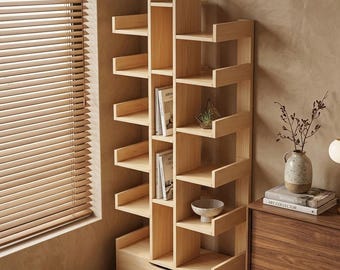 Modern trädbokhylla i trä, vertikal förvaringshylla för växter i hörn, för små utrymmen