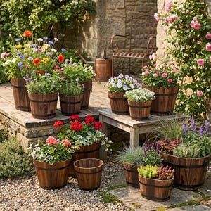 Puede incluir: Una colección de macetas de madera con forma de barril llenas de coloridas flores y vegetación. Las macetas varían en tamaño y están dispuestas sobre una superficie de madera y un patio de piedra. La escena está ambientada al aire libre, con una pared de piedra y elementos de jardín al fondo.