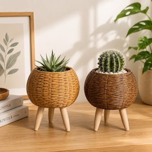 May include: Two woven rattan planters, one with a succulent and the other with a cactus. Both planters are round and sit on three light-colored wooden legs. The planters are on a wooden surface, with a framed botanical print and a plant in the background.