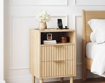 Modern Fluted Wood Nightstand with Wireless Charging Station Mid Century Bedside Table Storage Drawer