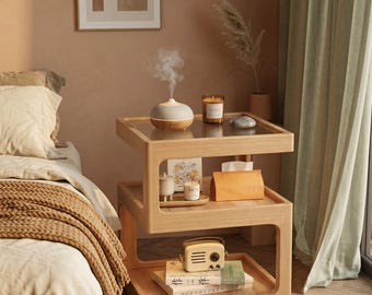 Solid Oak Bedside Table | Handmade Minimalist Nightstand with Multi-Level Storage, Rustic Farmhouse Bedroom Decor