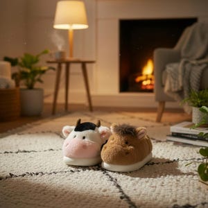 Pode incluir: Um par de pantufas de animais, uma com design de vaca com pelo preto e branco e detalhes rosa, e a outra com design de cavalo castanho. As pantufas estão sobre um tapete creme com um padrão geométrico preto.