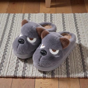 May include: A pair of gray plush dog-shaped slippers. The slippers have brown ears, black button eyes, and white accents around the eyes. The slippers are on a striped rug.