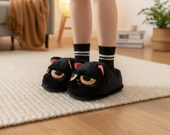 Pantuflas de gato negras de invierno para mujer y hombre, zapatos peludos de interior para amantes de los gatos.