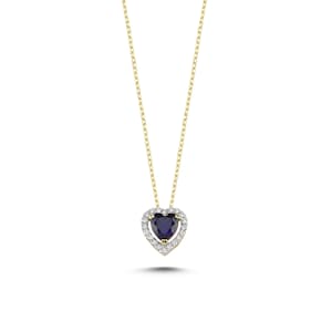14k Solid Gold Diamond Sapphire Heart Necklace, Dainty Romantic Pendant Jewelry, Gift for Her