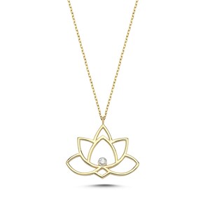 14k Solid Gold Diamond Lotus Flower Necklace, Dainty Spiritual Pendant Jewelry, Gift for Her