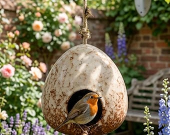 Handmade Ceramic Hanging Birdhouse, Rustic Egg-Shaped Bird Feeder, Speckled Stoneware Garden Decor, Outdoor Bird House with Jute Rope
