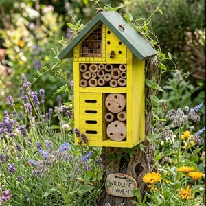 Bright, vivid Handcrafted Bee House for Garden | Natural Wood Insect Hotel, Solitary Bee Shelter