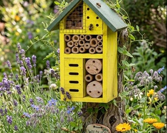 May include: A bright yellow wooden insect hotel with a dark green gabled roof, featuring various nesting compartments with bamboo tubes, drilled wood blocks, and a wire mesh section. A small oval sign attached to the base reads Wildlife Haven.