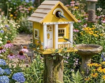 Handcrafted Yellow vivid bright Birdhouse with Front Porch • Wooden Bird House insektenhotel butterfly house bug hotel