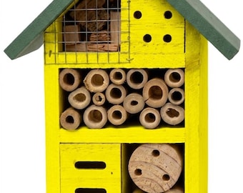 Casa para abejas artesanal, brillante y colorida, para jardín / Hotel para insectos de madera natural, refugio para abejas solitarias.