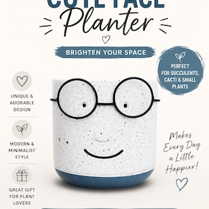 Può includere: Un vaso in ceramica bianca maculata con base blu, caratterizzato da una grafica nera di occhiali tondi e una bocca sorridente. Il testo recita: SMALL POT, BIG PERSONALITY, CUTE FACE PLANTER, BRIGHTEN YOUR SPACE, PERFECT FOR SUCCULENTS, CACTI & SMALL PLANTS.