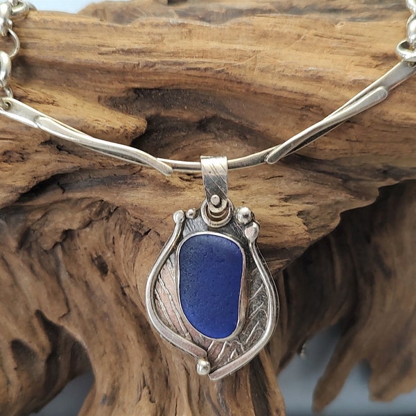 Sterling Silver Necklace/blue beach glass/cobalt blue/artisan jewelry/unique jewelry/hand fabricated jewelry/ metal jewelry/ooak jewelry