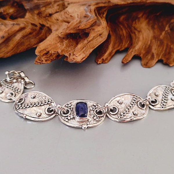 Pulsera de plata de ley con piedra iolita, pulsera artesanal de piedras preciosas