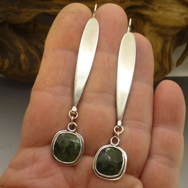 Long Silver Dangle Earrings with Green Tourmaline Stones, Artisan Earrings, Unique, Ooak, Gift for Her, Anniversary Gift, Birthday Gift