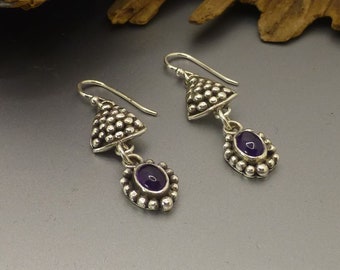 Dangle Earrings With Amethyst Stone, Granulated, Purple Stone, Artisan Earrings, Unique, Gift for Her, Anniversary Gift, Birthday Gift, Ooak