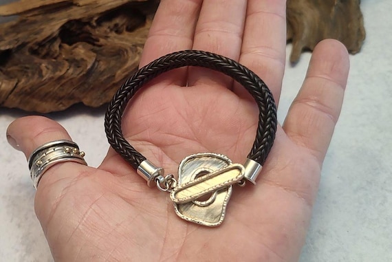 Handwoven Leather Bracelet: Sterling Silver Clasp, Viking Knit Jewelry