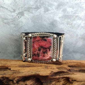 Oxidiertes Sterling Silber Rhodonit schwarzes Leder Manschette Armband