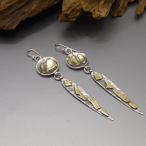 Long Silver and Gold Dangle Earrings, Artisan Earrings, Handmade, Mothers Day, Unique, Ooak, Gift for Her, Birthday, Anniversary, Kinglane