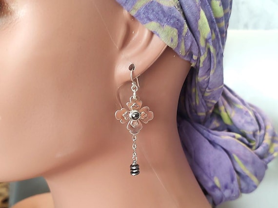 Sterling Silver Hematite Dangle Earrings: Hand Woven Artisan Jewelry