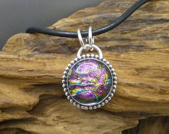 Dichroic Glass Pendant on Black Leather Cord with Sterling Silver End Caps, Unique, Ooak, Artisan Jewelry, Kinglane, Gift for Her, Birthday