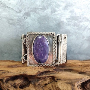 Sterling Silber Charoite Stein Manschette Armband - Schwarz Leder Handwerker Schmuck