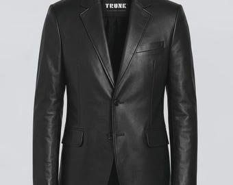 Men’s Two Button Black Lambskin Leather Blazer