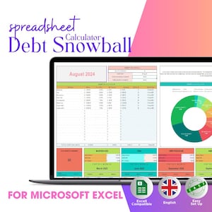 May include: A spreadsheet template for Microsoft Excel to help you track and pay off debt using the debt snowball method. The spreadsheet includes a debt breakdown chart, a debt snowball table, and a section to track your progress. The spreadsheet is designed for use in August 2024.