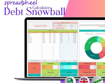 May include: A spreadsheet template for Microsoft Excel to help you track and pay off debt using the debt snowball method. The spreadsheet includes a debt breakdown chart, a debt snowball table, and a section to track your progress. The spreadsheet is designed for use in August 2024.