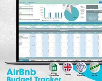 Puede incluir: Una pantalla de computadora portátil que muestra una hoja de cálculo para un rastreador de presupuesto de Airbnb. La hoja de cálculo incluye secciones para ingresos, gastos y ganancias netas. La hoja de cálculo es compatible con Google Sheets y tiene una configuración fácil. La hoja de cálculo está diseñada para usar con múltiples monedas.