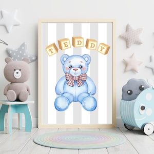 Póster infantil personalizado de oso azul - Láminas de osos - Decoración infantil - Lámina para dormitorio - Pósters infantiles - Arte personalizado
