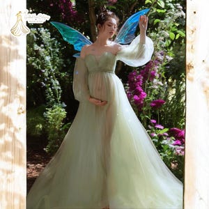 Sukienka ciążowa Fairy Green na sesję zdjęciową – czarująca sukienka na baby shower, prześwitujący tiulowy strój ciążowy, wiosenny fantastyczny rekwizyt do fotografii