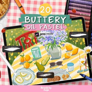 以下が含まれることがあります： 「Buttery Oil Pastel」の文字が入ったタブレットと画材が描かれたデジタルアートイラスト。パイ、イチゴ、レモン、梨、花瓶に入った花が、ピクニックテーブルの上に配置されています。