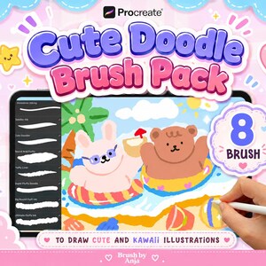 May include: A digital brush pack for Procreate titled Cute Doodle Brush Pack featuring 8 brushes. The graphic displays a tablet screen showing a colorful illustration of a pink rabbit and a brown bear in pool floats on a beach, with a stylus.
