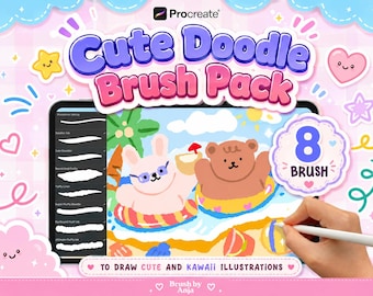 May include: A digital brush pack for Procreate titled Cute Doodle Brush Pack featuring 8 brushes. The graphic displays a tablet screen showing a colorful illustration of a pink rabbit and a brown bear in pool floats on a beach, with a stylus.