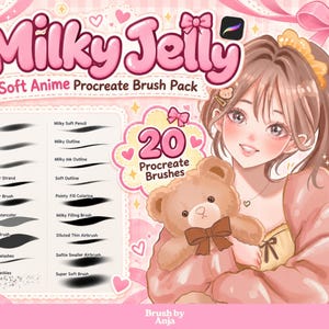 Può includere: Una pubblicità di prodotto digitale per un set di 20 pennelli Milky Jelly Soft Anime Procreate. La grafica mostra un elenco di tratti di pennello, un'illustrazione in stile anime di una persona che tiene un orsacchiotto e cuori rosa.