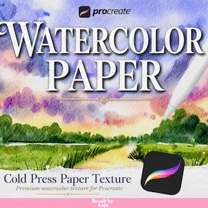 May include: A digital graphic featuring the text WATERCOLOR PAPER and Cold Press Paper Texture with a watercolor landscape painting of green fields and a purple sunset sky. A white stylus and the Procreate app icon are visible on the image.