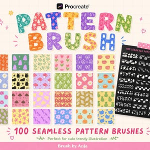 100 naadloze patroonpenselen voor Procreate | Leuke kawaii achtergrondpenselenset voor digitale kunst, stickers en illustraties