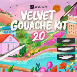 以下が含まれることがあります： Procreate用のデジタルアートセット「Velvet Gouache Kit 20」。家、花、川が描かれたカラフルな風景イラストが特徴です。画像には、スタイラスペン、絵筆、および「Dry Flat」、「Main Brush」、「Super Creamy」とラベル付けされた3つの小さな見本が含まれています。