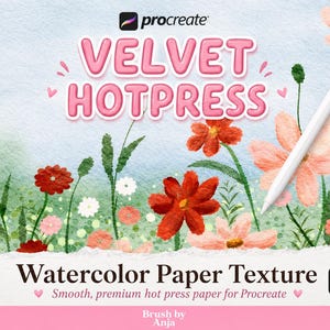 May include: A digital graphic featuring the text VELVET HOTPRESS and Watercolor Paper Texture with a white stylus. The background displays a watercolor illustration of red, pink, and white flowers on a light blue textured surface with small hearts.