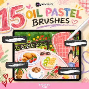 May include: A digital tablet displaying a colourful illustration of a breakfast scene with a croissant, fruit, and coffee. The screen shows four brush stroke samples labelled Super Creamy, Buttery Smooth, Bold Thick, and Creamy Oil Pastel by Anja.