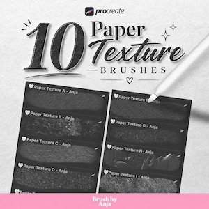 Op de afbeelding: Een digitaal overzicht met 10 papiertextuur-penselen voor Procreate. De tekst luidt 10 Paper Texture Brushes, met een witte stylus die naar de lijst wijst. Elk penseelvoorbeeld is gelabeld met namen zoals Paper Texture A tot I door Anja.