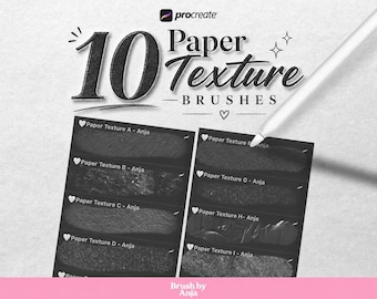 Puede incluir: Una pantalla digital que muestra 10 pinceles de textura de papel para Procreate. El texto dice 10 Paper Texture Brushes, con un lápiz óptico blanco señalando la lista. Cada muestra de pincel está etiquetada con nombres de A a I por Anja.