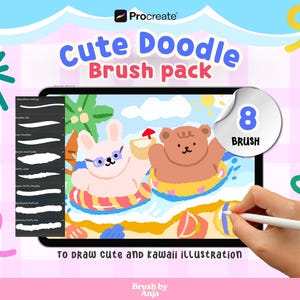 Puede incluir: Ilustración de arte digital en una pantalla de tableta, con un conejo y un oso en flotadores inflables. La pantalla muestra trazos de pincel y el texto "Cute Doodle Brush pack". También incluye el texto "To draw cute and kawaii illustration".